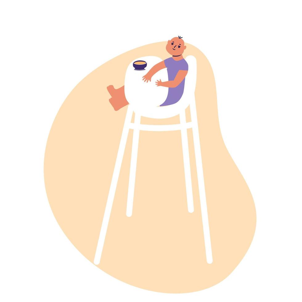 bebé en una silla de alimentación. ilustración de vector de dibujos animados planos, colores de moda, aislado sobre fondo blanco.