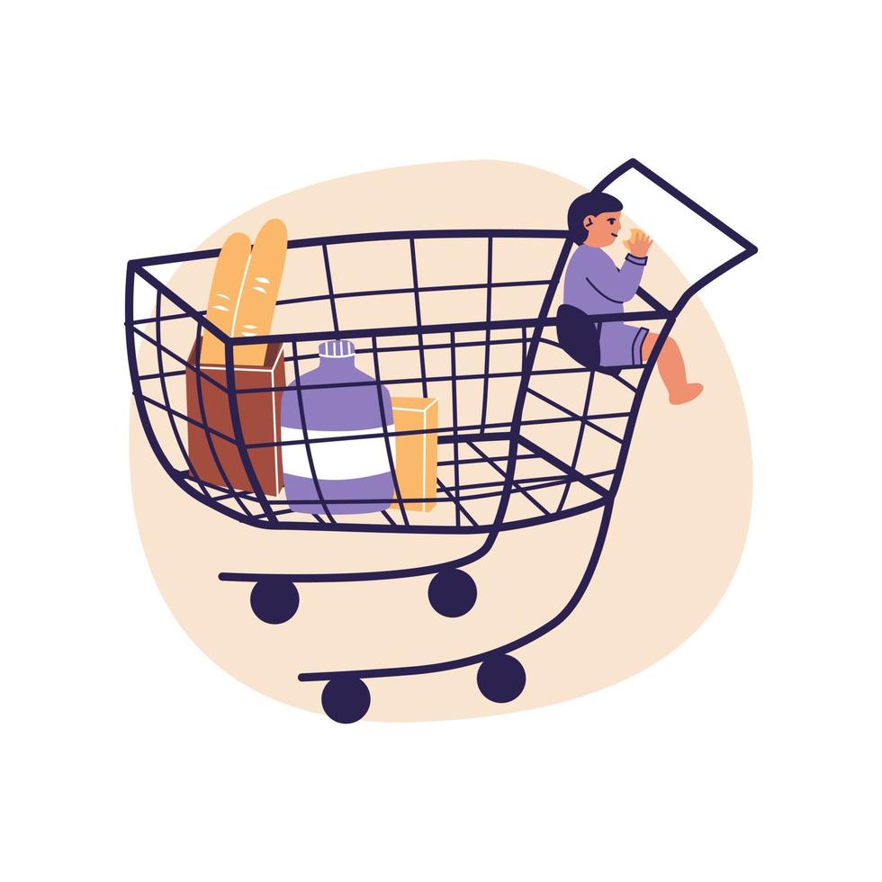 Baby sitting in a supermarket trolley. Flat cartoon vector illustrtion, trendy colors, isolated on white background.