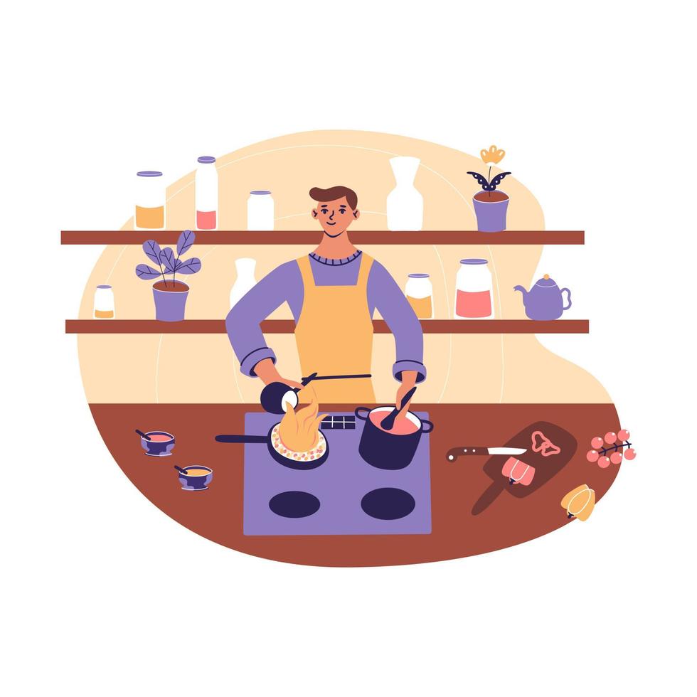 hombre guapo cocinando en la cocina. chico joven en delantal preparando comida deliciosa. el amo de la casa prepara una cena casera saludable. ilustración de vector de dibujos animados planos en colores de moda, aislado sobre fondo blanco