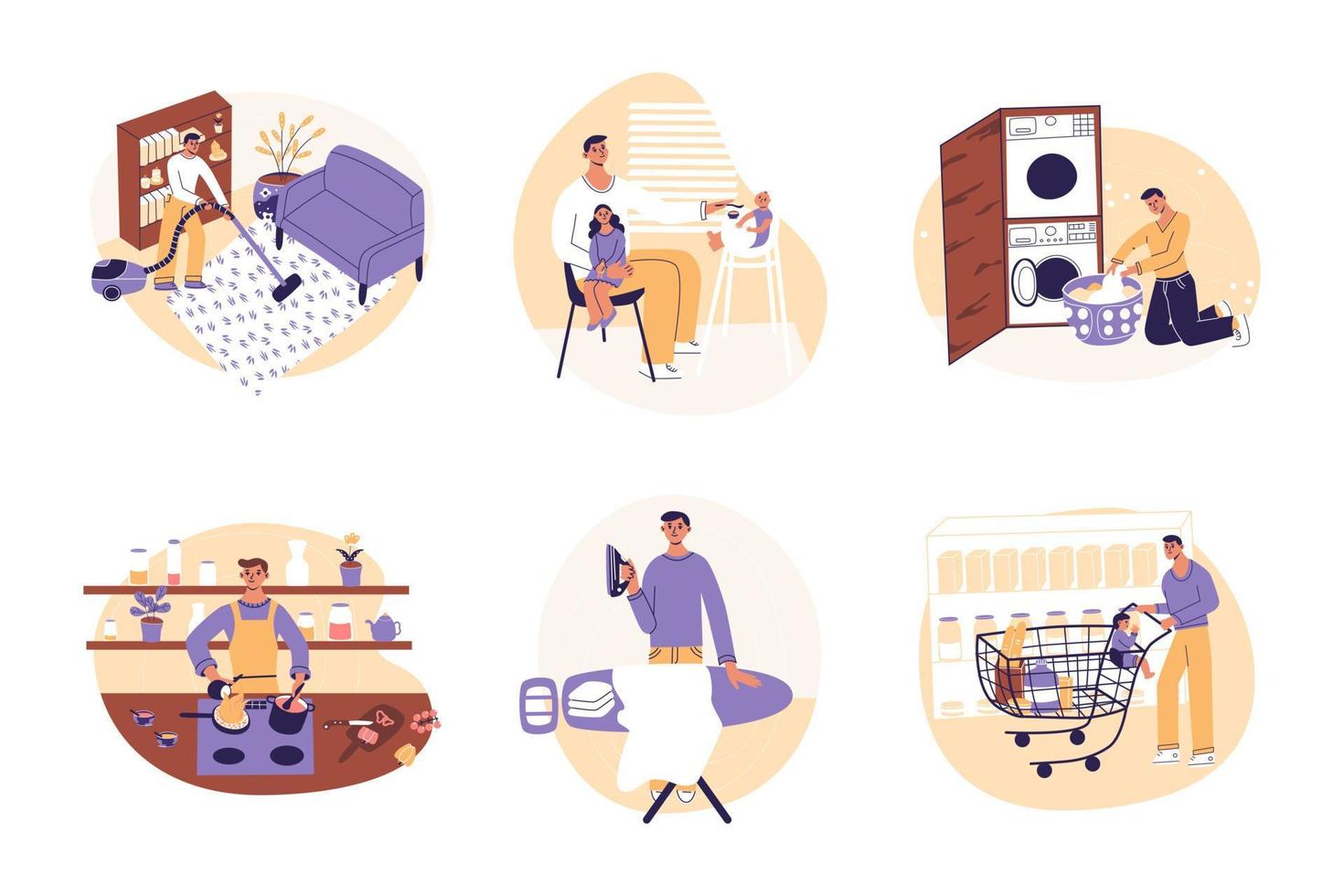 casa del esposo. hombre en el conjunto de actividades domésticas. colección de hombres haciendo trabajo doméstico. chico limpiando, cocinando, lavando, planchando. ilustración de vector de dibujos animados planos, colores de moda, fondo blanco aislado.