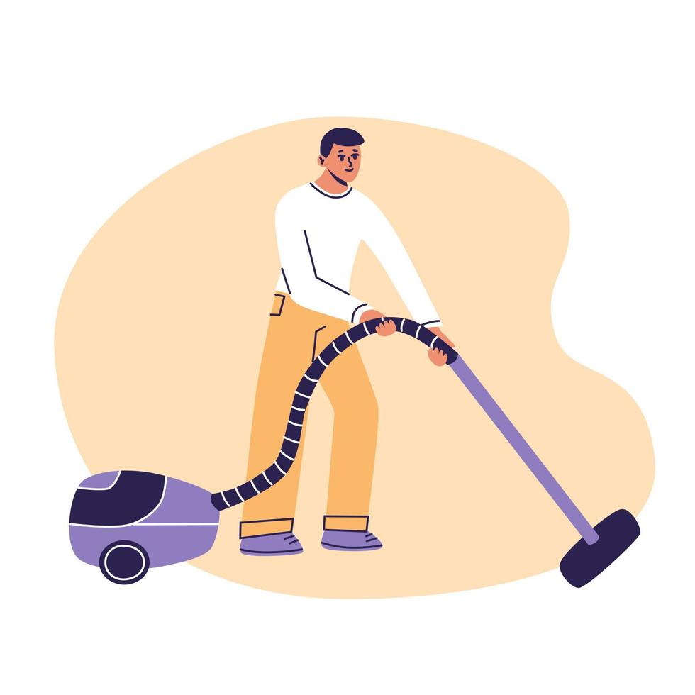 Young man vaccuuming home. House husband cleaning with vaccuum cleaner. Flat cartoon vector illustrtion, trendy colors, isolated on white background.