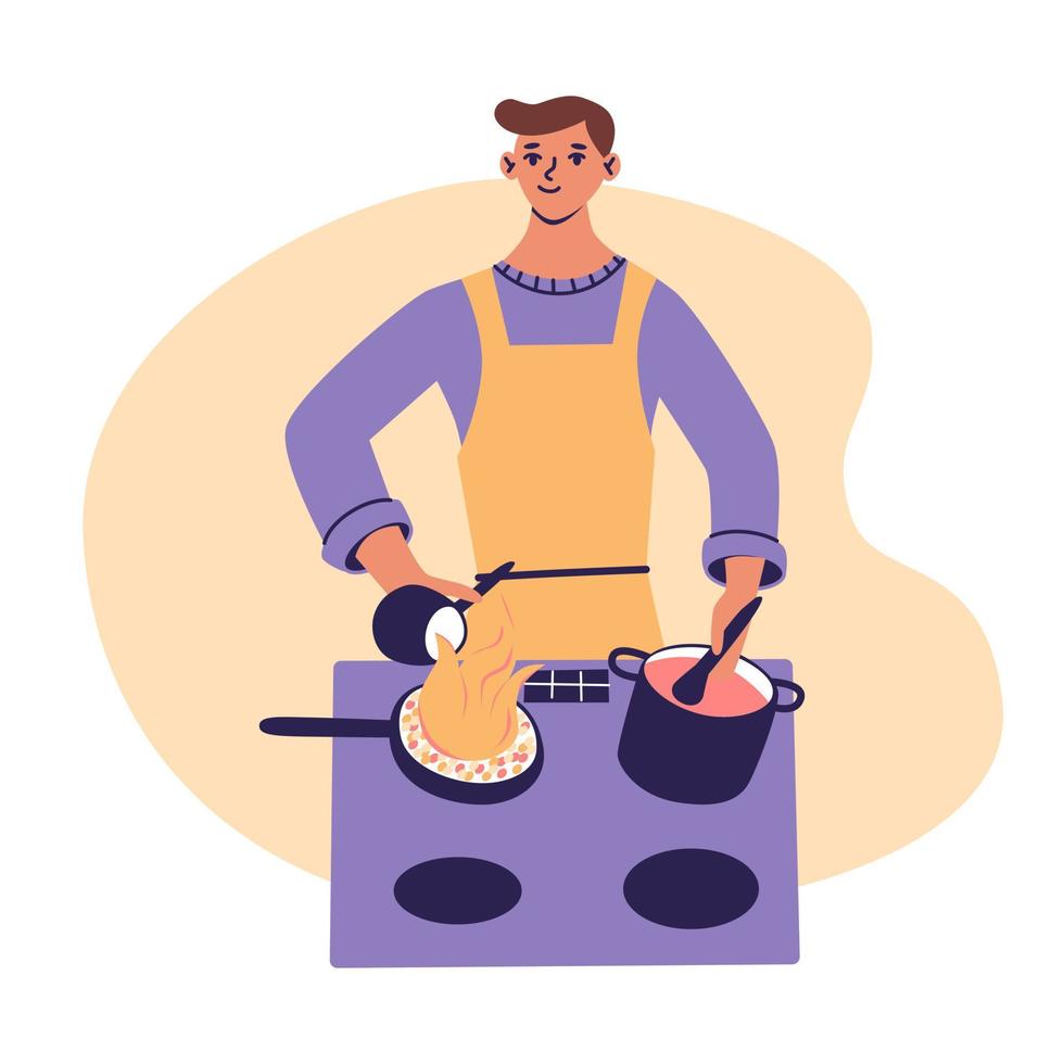 hombre guapo cocinando. chico joven en delantal preparando comida deliciosa. el amo de la casa prepara una cena casera saludable. ilustración de vector de dibujos animados planos en colores de moda, aislado sobre fondo blanco