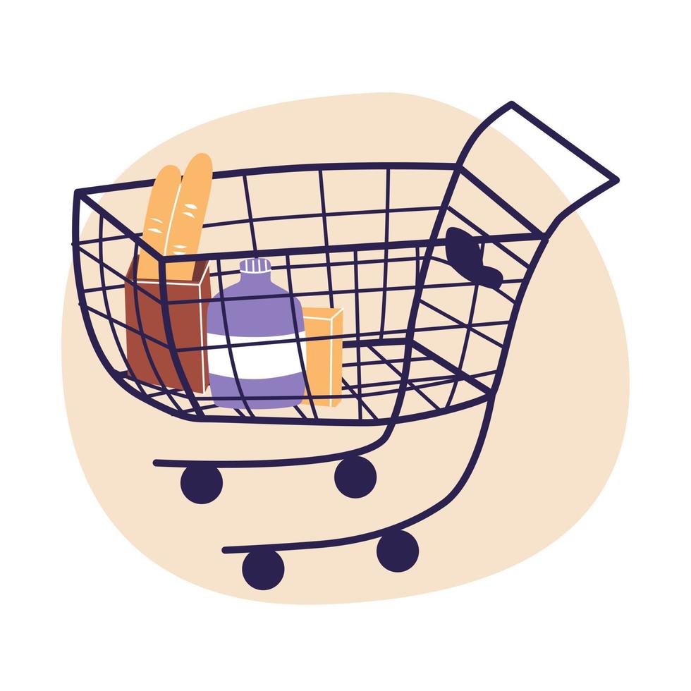 Supermarket trolley. Flat cartoon vector illustrtion, trendy colors, isolated on white background.