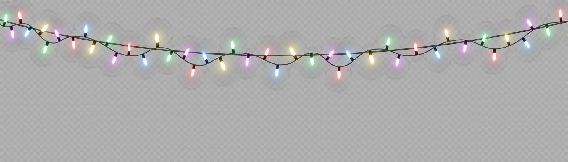 luces de Navidad. línea vectorial con bombillas de luz incandescente. conjunto de ilustración de lámpara de neón led de guirnalda brillante de navidad dorada. luces navideñas aisladas para tarjetas, pancartas, carteles vector