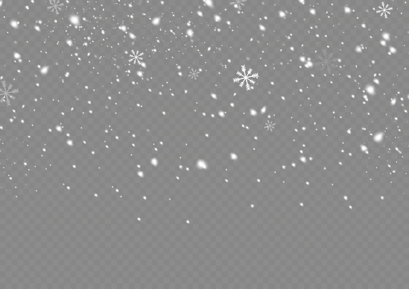 nieve y viento. fuertes nevadas vectoriales, copos de nieve en varias formas y formas. muchos elementos de copos fríos blancos. los copos de nieve blancos vuelan en el aire. fondo de nieve. vector