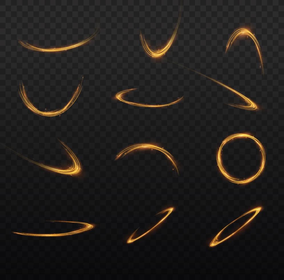 Golden glowing shiny lines effect vector background. Luminous white lines of speed. Light glowing effect. Light trail wave, fire path trace line and incandescence curve twirl.