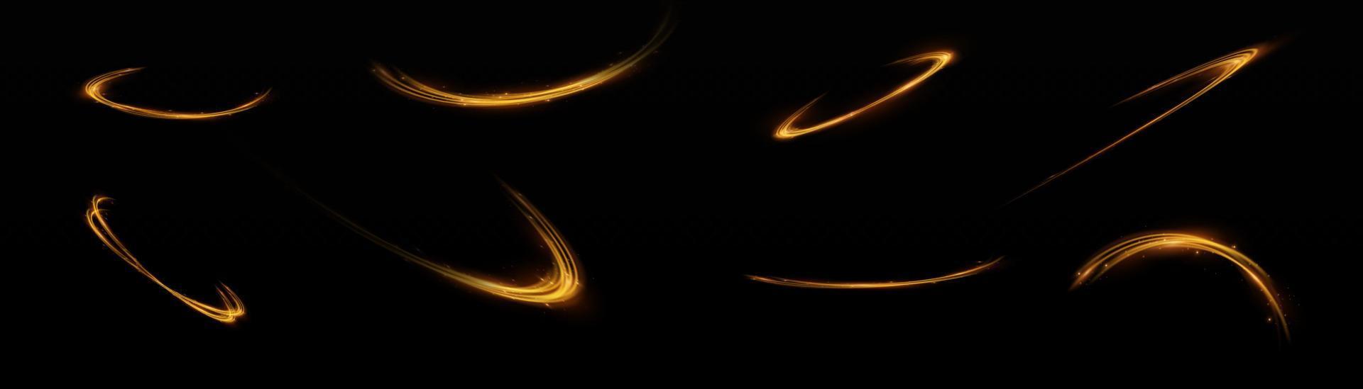 Golden glowing shiny lines effect vector background. Luminous white lines of speed. Light glowing effect. Light trail wave, fire path trace line and incandescence curve twirl.