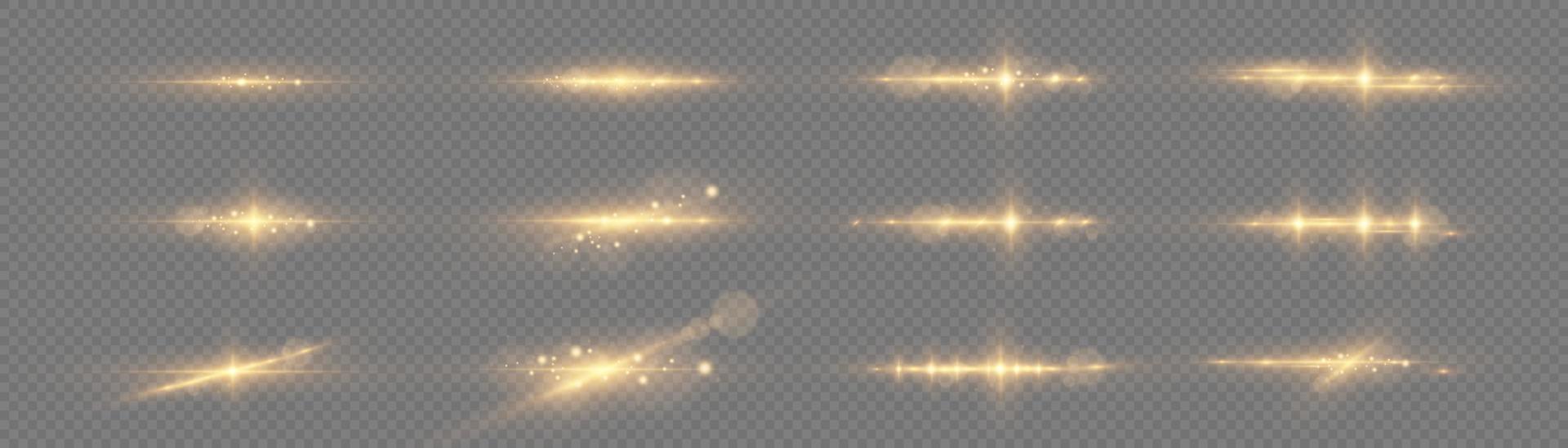 Shining star, sun particles and sparks with highlight effect, golden lights bokeh glitter and sequins. Transparent golden light flare and sparkles set, vector