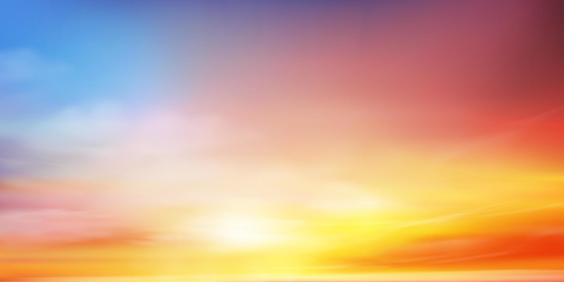 amanecer por la mañana con naranja, amarillo, rosa, cielo azul, espectacular paisaje crepuscular con cielo de puesta de sol por la noche, horizonte vectorial hermosa bandera natural del amanecer o la luz del sol durante cuatro estaciones de fondo vector