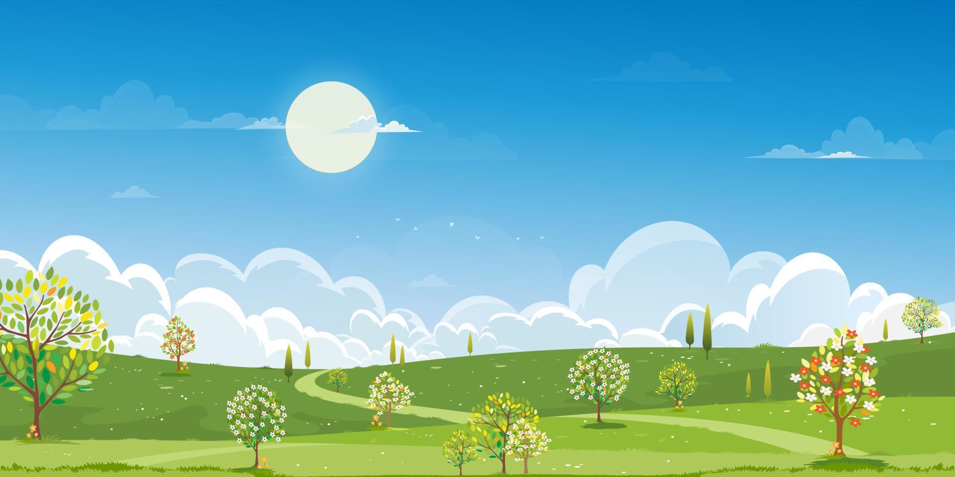 paisaje de campos verdes de primavera con fondo de montaña, cielo azul y nubes, panorama naturaleza rural pacífica en primavera con tierra de hierba verde. ilustración vectorial de dibujos animados para banner de primavera y verano vector