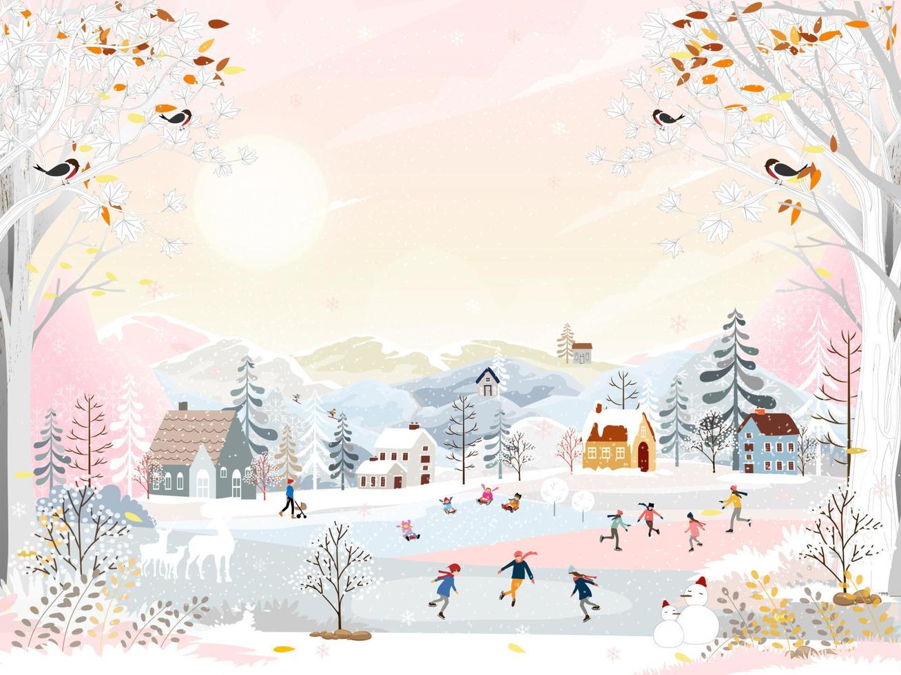 Panorama Winter landscape, Christmas and new year celebrating in city,Vector of horizontal banner winter wonderland in the town with happy kids sledding and playing ice skates in the park vector