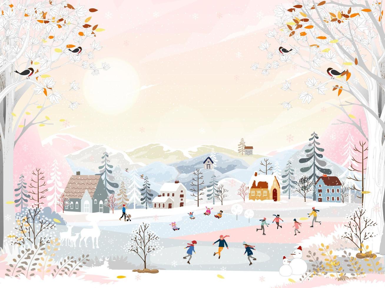 paisaje invernal panorámico, navidad y año nuevo celebrando en la ciudad, vector de banner horizontal país de las maravillas invernal en la ciudad con niños felices paseando en trineo y jugando patines de hielo en el parque