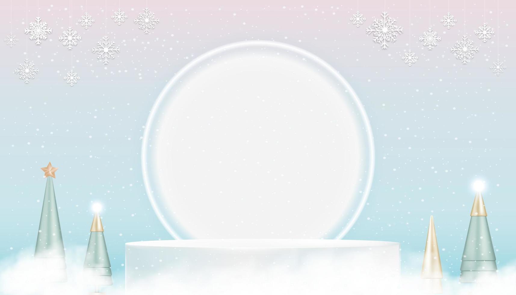 Display 3D pedestal podium with neon light,conical tree and snowflakes hanging on pink, blue sky background,Vector design elements for Christmas card.Backdrop for Winter holiday Sale,Promotion concept vector