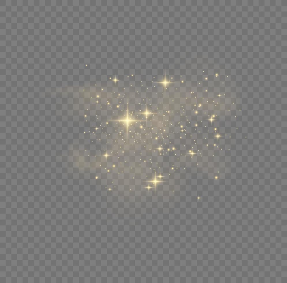 The dust sparks and golden stars shine with special light. Vector sparkles. Christmas light effect.