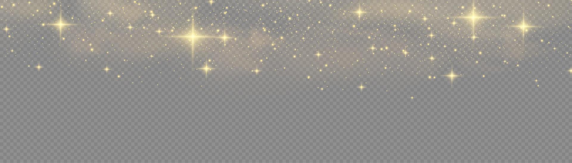 The dust sparks and golden stars shine with special light. Vector sparkles. Christmas light effect.