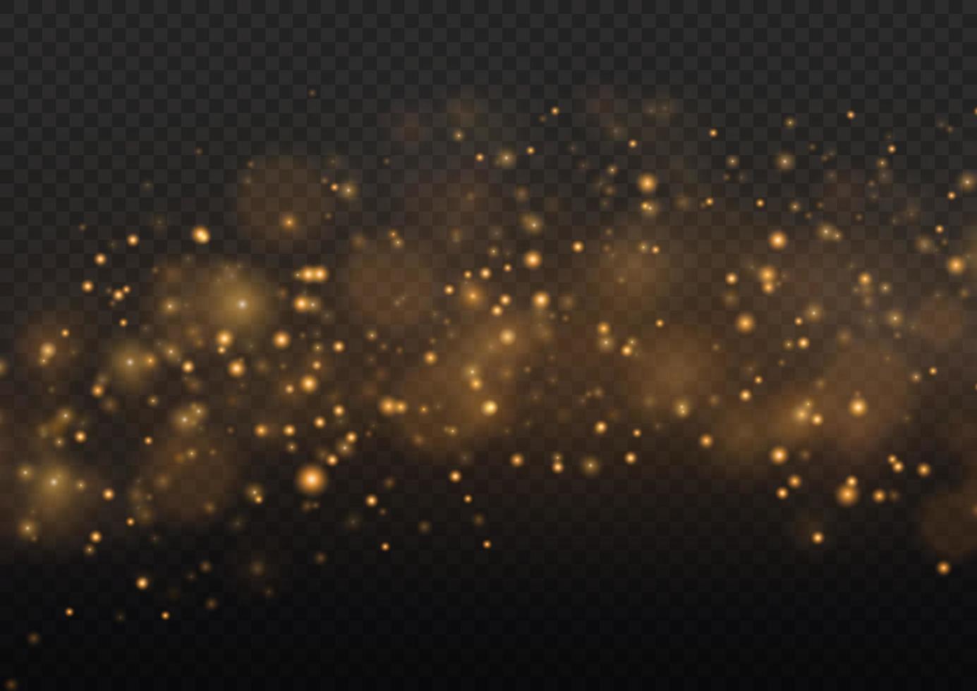The dust sparks and golden stars shine with special light. Vector sparkle. Christmas light effect.