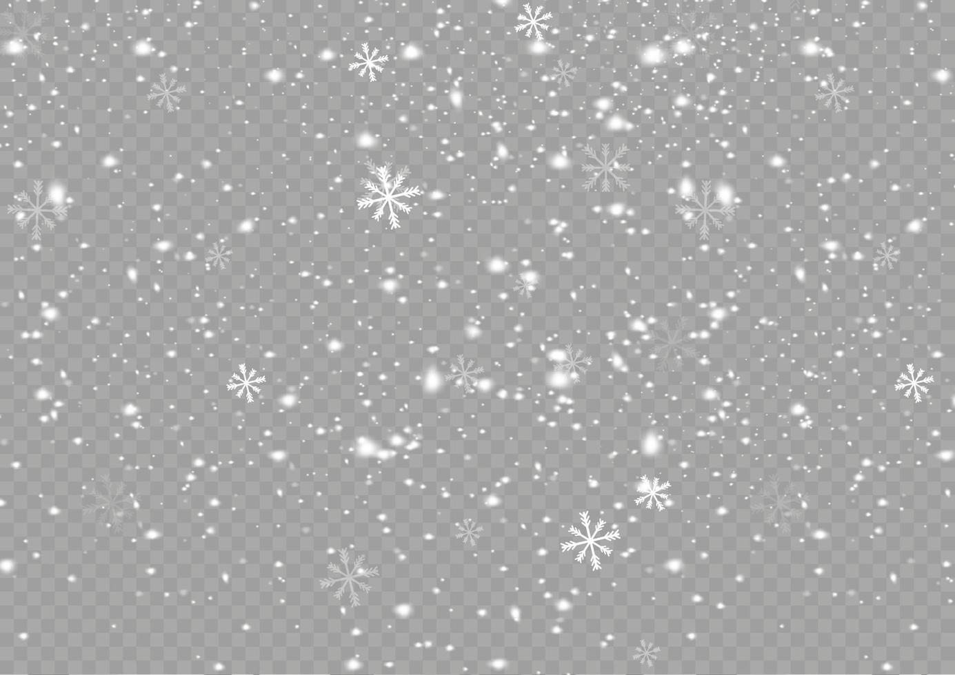nieve y viento. fuertes nevadas vectoriales, copos de nieve en varias formas y formas. muchos elementos de copos fríos blancos. los copos de nieve blancos vuelan en el aire. fondo de nieve. vector
