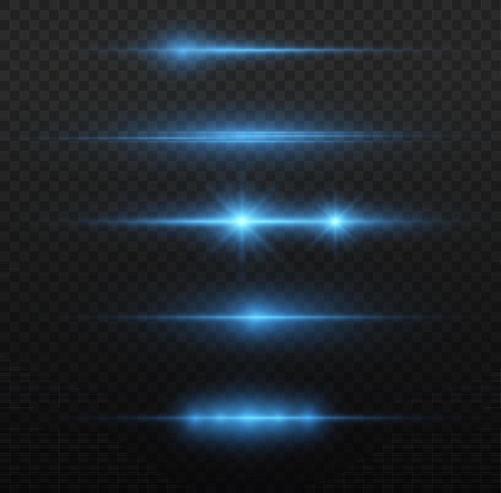 Blue horizontal lens flares pack. Laser beams, horizontal light rays. Beautiful light flares. Flash light with fairy dust sparks and golden stars shine. Dusty shine light. vector