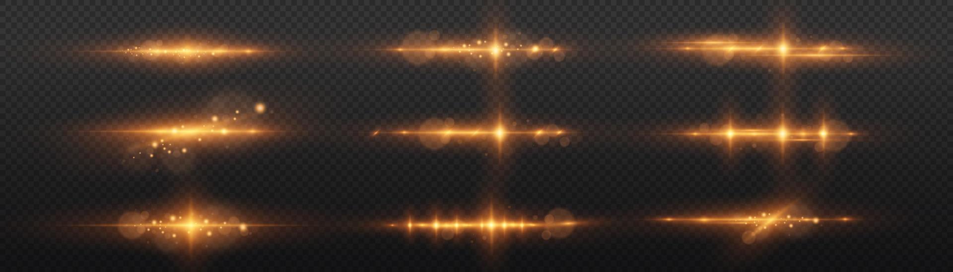 Golden light flare and sparkles set, vector