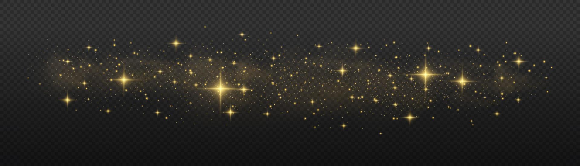The dust sparks and golden stars shine with special light. Vector sparkles. Christmas light effect.