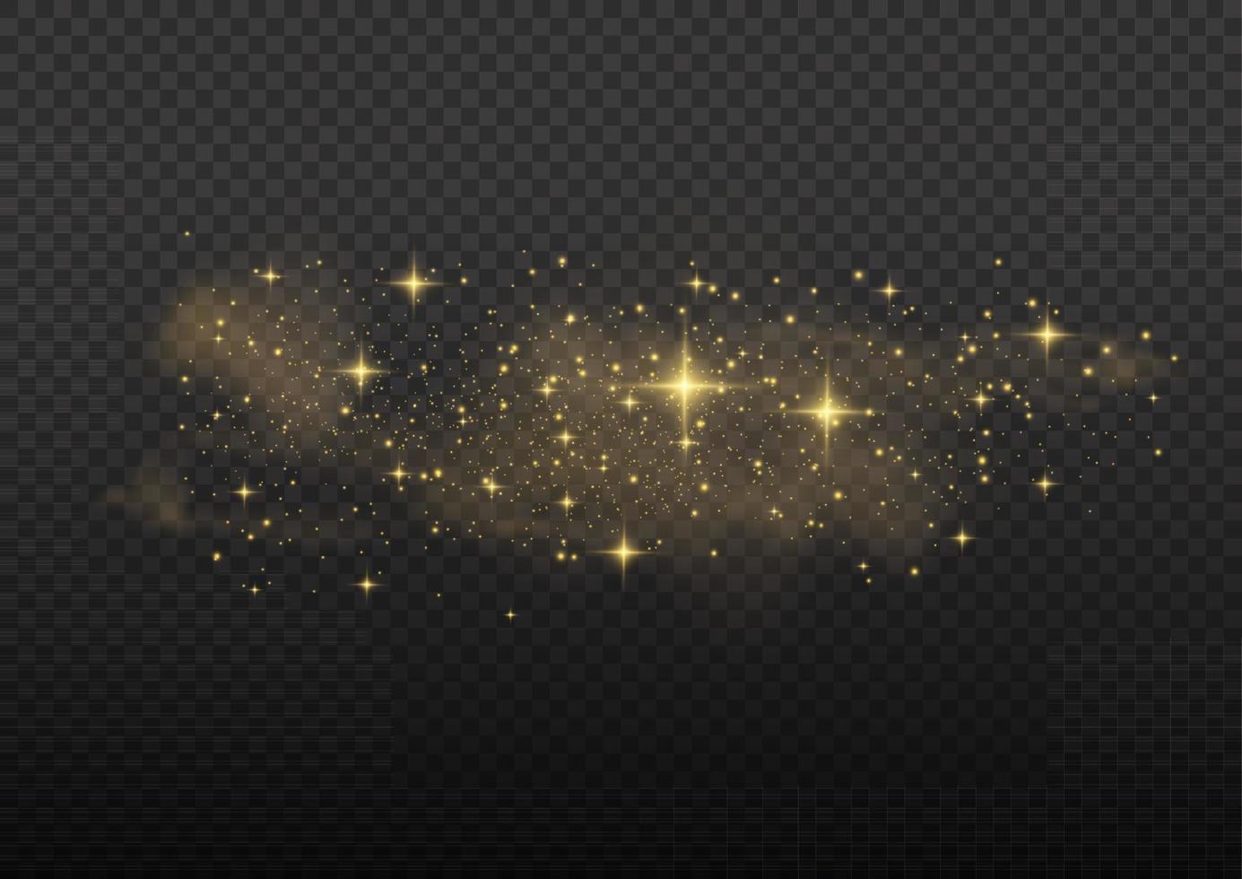 The dust sparks and golden stars shine with special light. Vector sparkles. Christmas light effect.