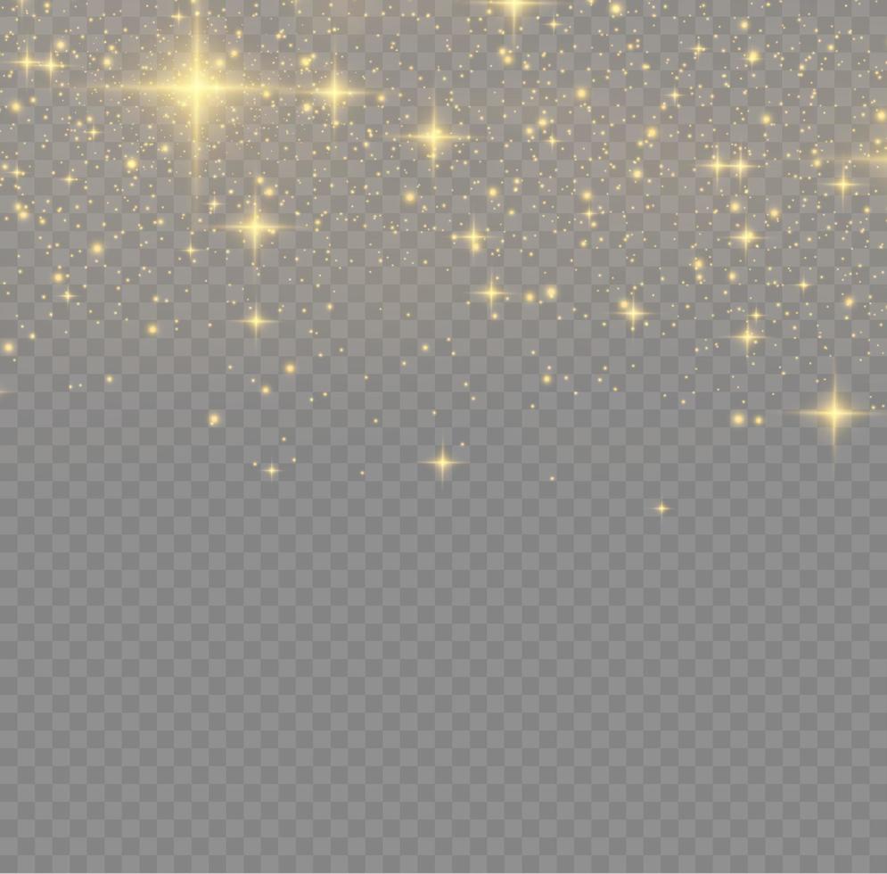 The dust sparks and golden stars shine with special light. Vector sparkles. Christmas light effect.