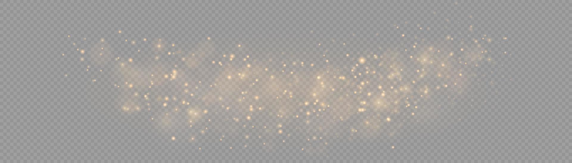 The dust sparks and golden stars shine with special light. Vector sparkles. Christmas light effect.