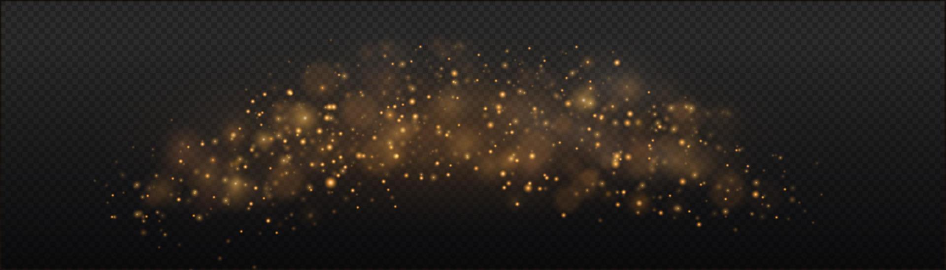 The dust sparks and golden stars shine with special light. Vector sparkles. Christmas light effect.