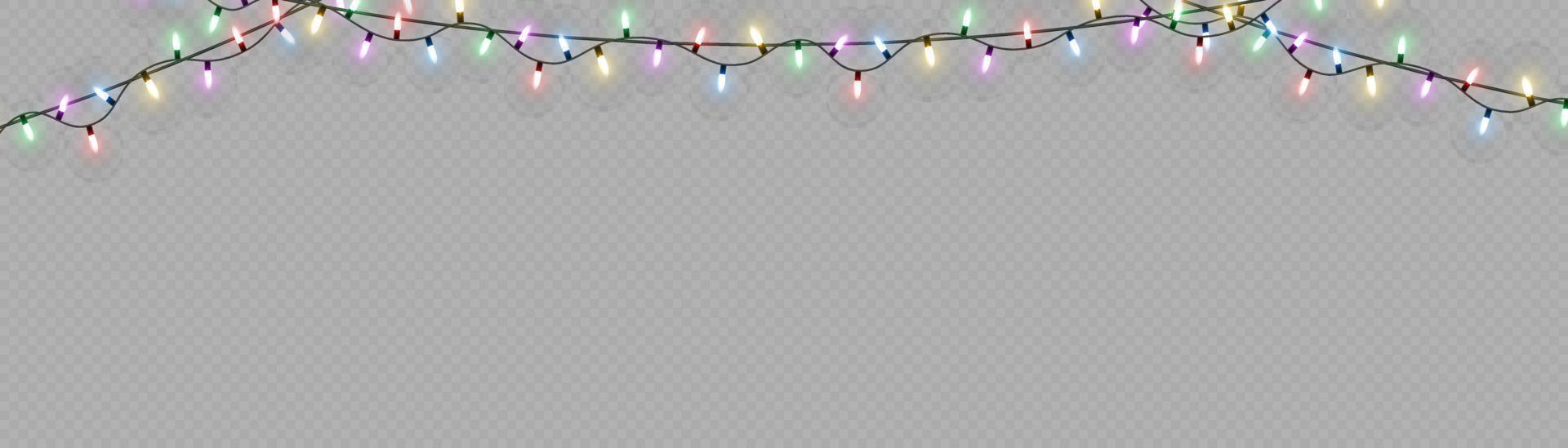 Christmas lights. Vector line with glowing light bulbs.Set of golden xmas glowing garland Led neon lamp illustration. Christmas lights isolated on transparent background for cards, banners, posters