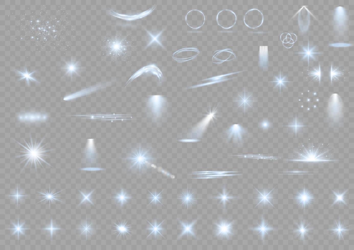 Light effect set. Glow isolated white light effect set, lens flare, explosion, glitter, dust, line, sun flash, spark and stars, spotlight, curve twirl. Sunlight, abstract special effect. vector