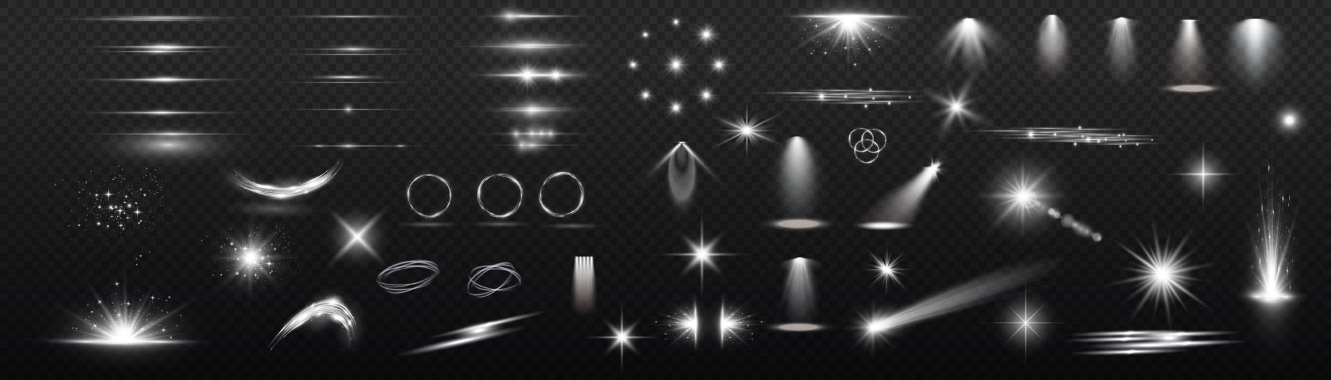 Light effect set. Glow isolated white light effect set, lens flare, explosion, glitter, dust, line, sun flash, spark and stars, spotlight, curve twirl. Sunlight, abstract special effect. vector