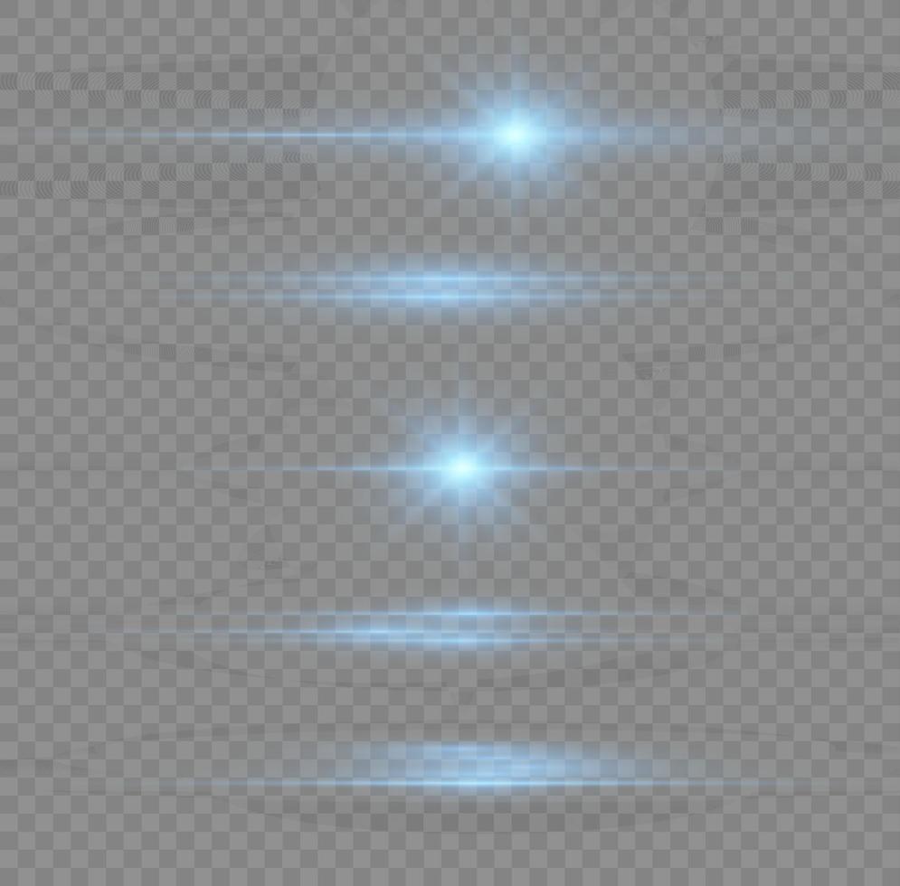 paquete de destellos de lentes horizontales azules. rayos láser, rayos de luz horizontales. hermosos destellos de luz. luz de flash con chispas de polvo de hadas y estrellas doradas brillan. luz de brillo polvoriento. vector