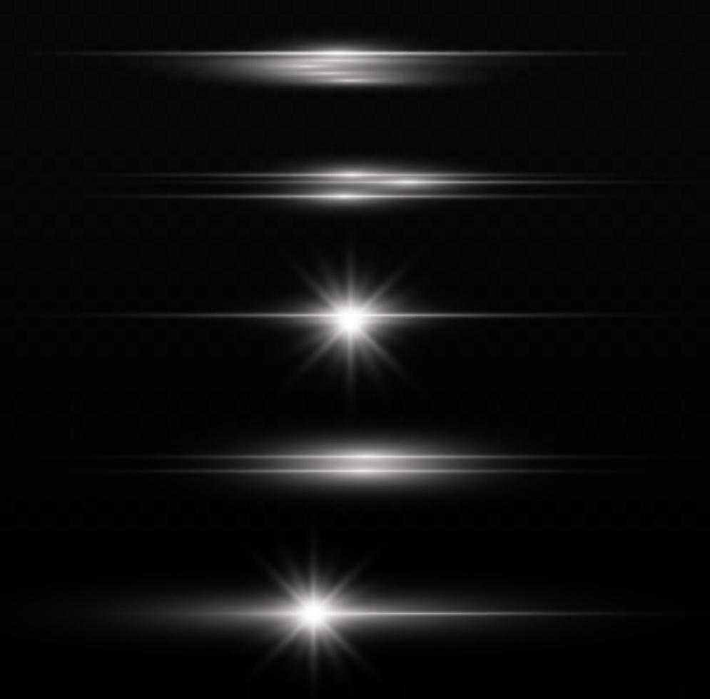 White horizontal lens flares pack. Laser beams, horizontal light rays. Beautiful light flares. Glowing streaks on light background. Luminous abstract sparkling lined background. vector