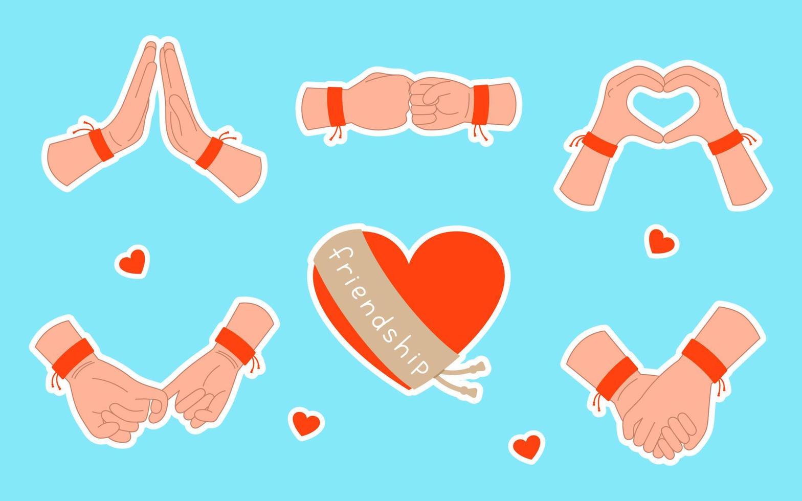 Set of stickers with poses of human hands in friendship bracelets. International Friendship Day vector illustration. Gestures and heart with stroke isolated on blue background