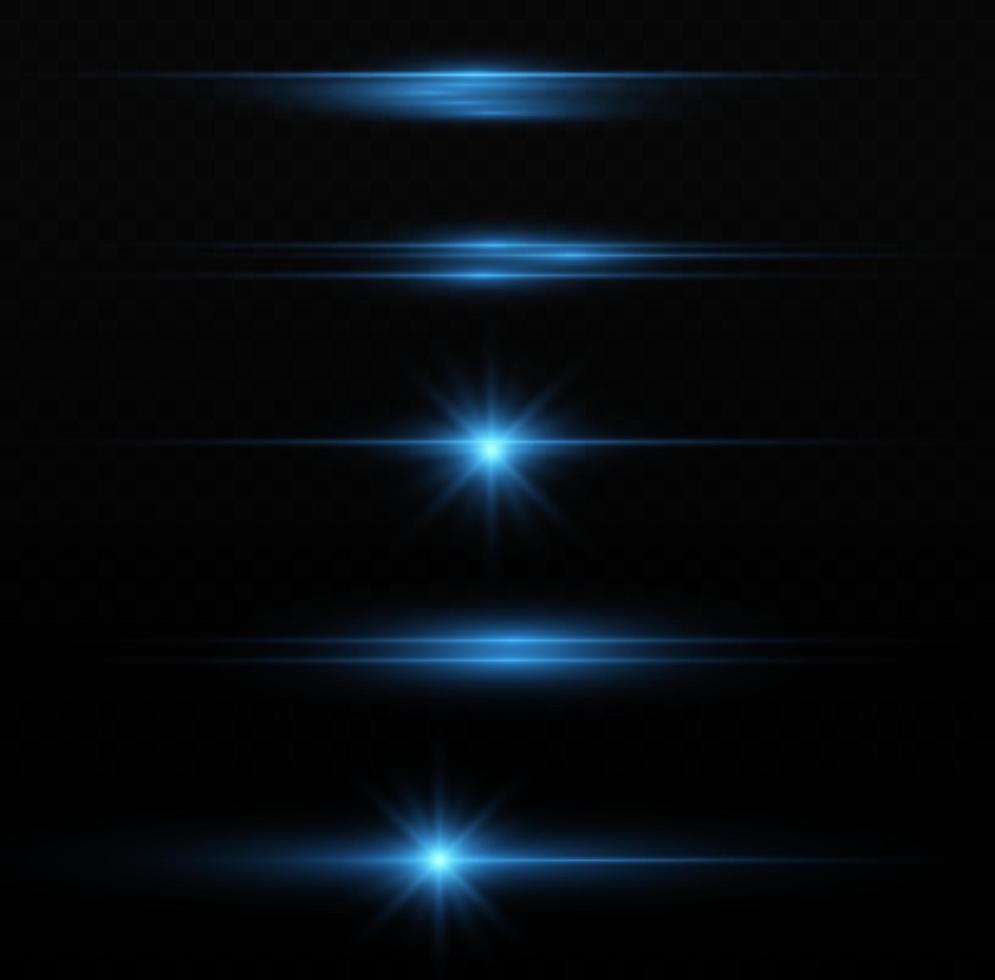 Blue horizontal lens flares pack. Laser beams, horizontal light rays. Beautiful light flares. Flash light with fairy dust sparks and golden stars shine. Dusty shine light. vector