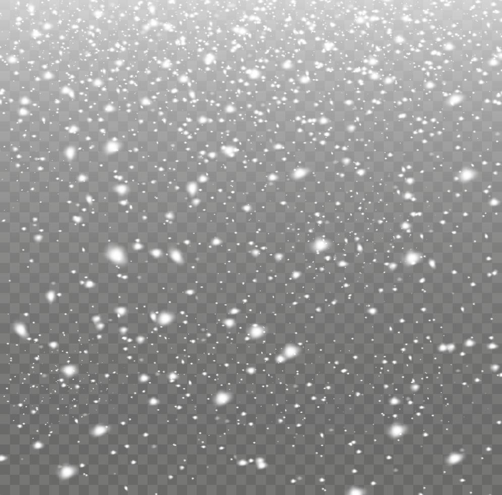 White snowflakes are flying in the air. snow background.Many white cold flakes elements on a transparent background.  Snow and wind. Vector heavy snowfall, snowflakes in various shapes and forms.