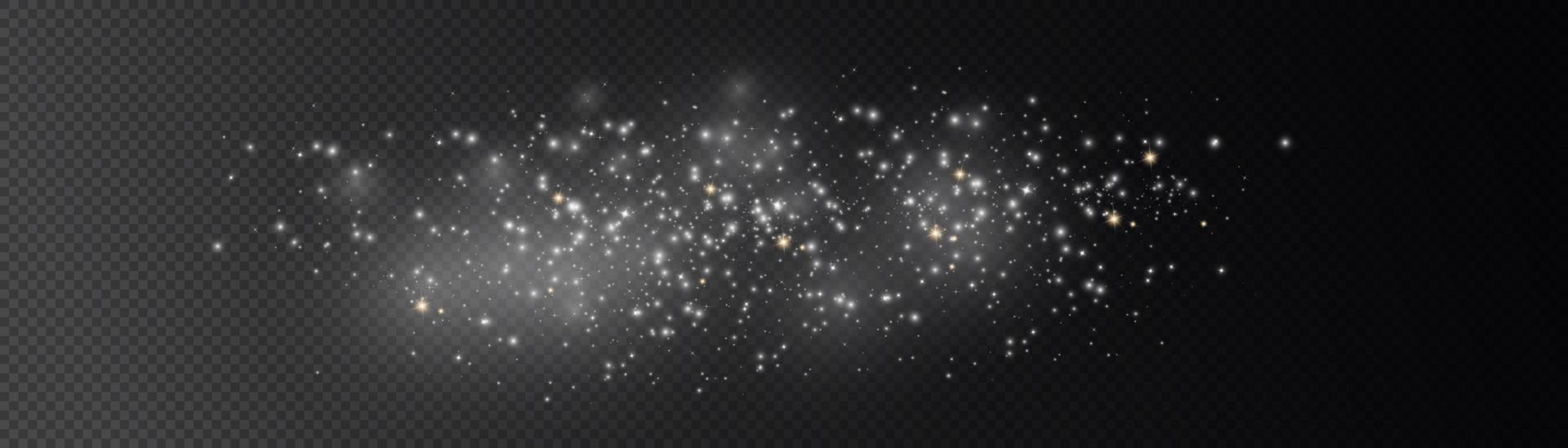 efecto de fondo de partículas de brillo blanco vectorial para tarjeta rica de saludo de lujo. efecto de luz especial de brillo de chispas blancas. textura brillante. chispas de polvo de estrellas en una explosión sobre un fondo negro. vector