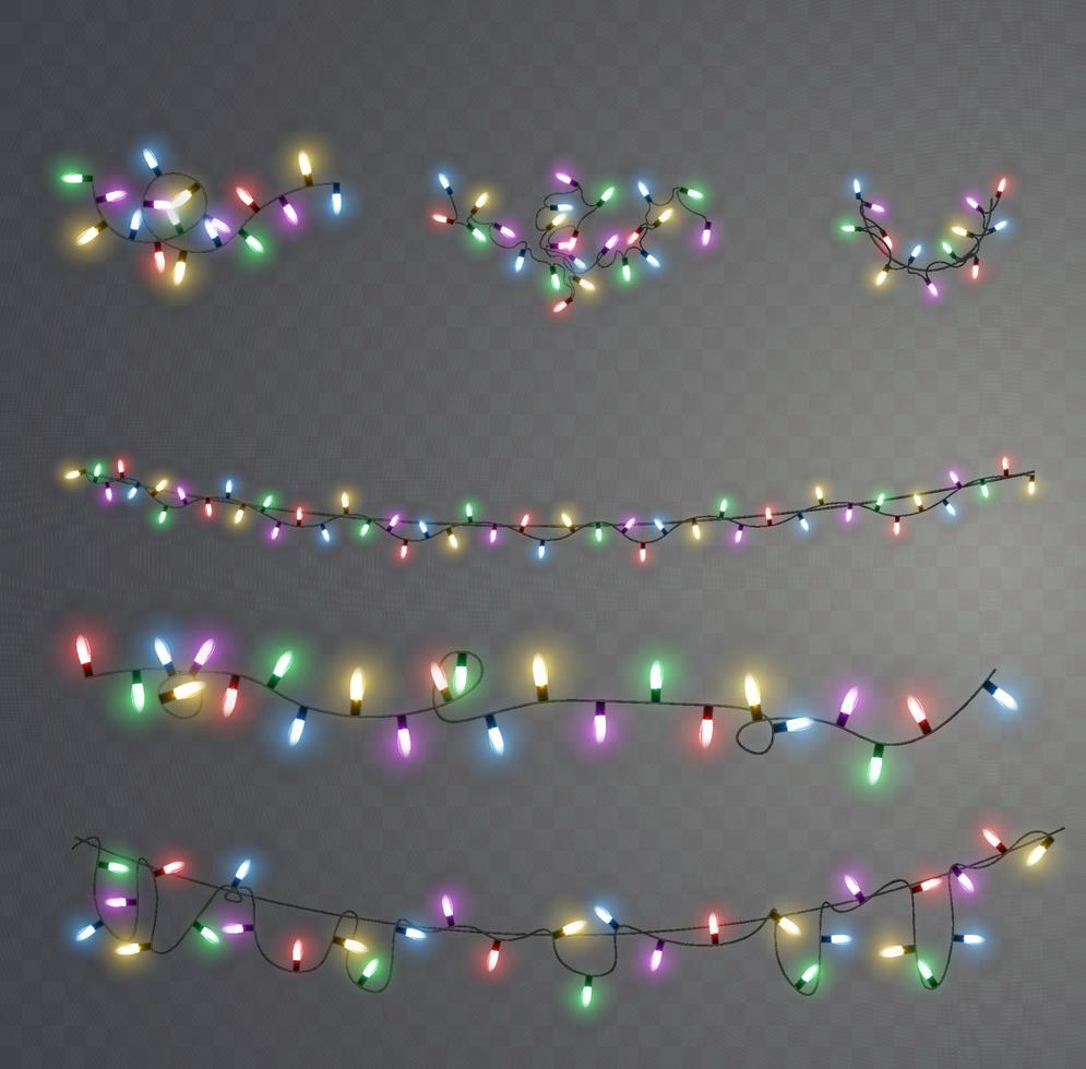 Christmas lights. Vector line with glowing light bulbs.Set of golden xmas glowing garland Led neon lamp illustration. Christmas lights isolated on transparent background for cards, banners, posters