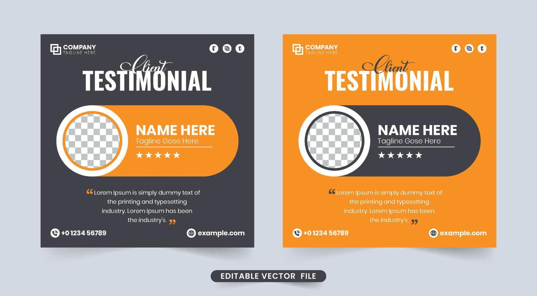 diseño testimonial de comentarios de los clientes con colores oscuros y naranjas. vector de diseño de revisión de cliente moderno con espacio de cotización. Testimonios de clientes y diseño de sección de reseñas para sitios web.