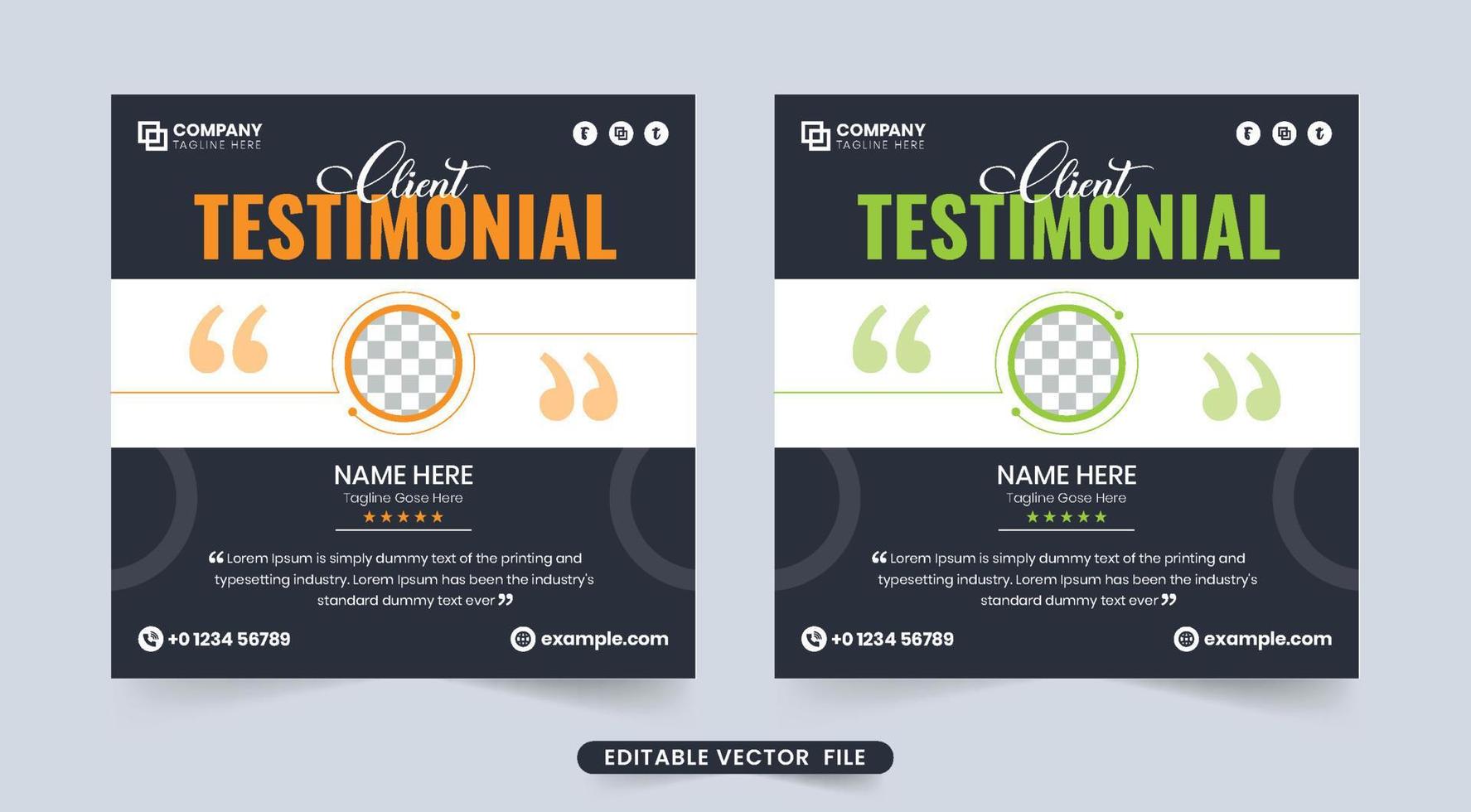 Creative website testimonial and client feedback review section vector with dark backgrounds. Customer service feedback and quote layout vector with a photo placeholder. Business client review design.