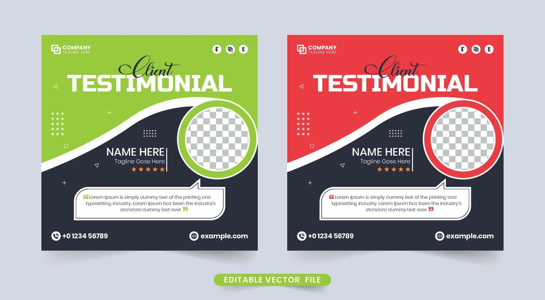 sección de calificación del sitio web y diseño de testimonios de clientes con colores rojo y verde. revisión de comentarios de clientes o vector de plantilla testimonial con formas abstractas. diseño de plantilla de revisión creativa.