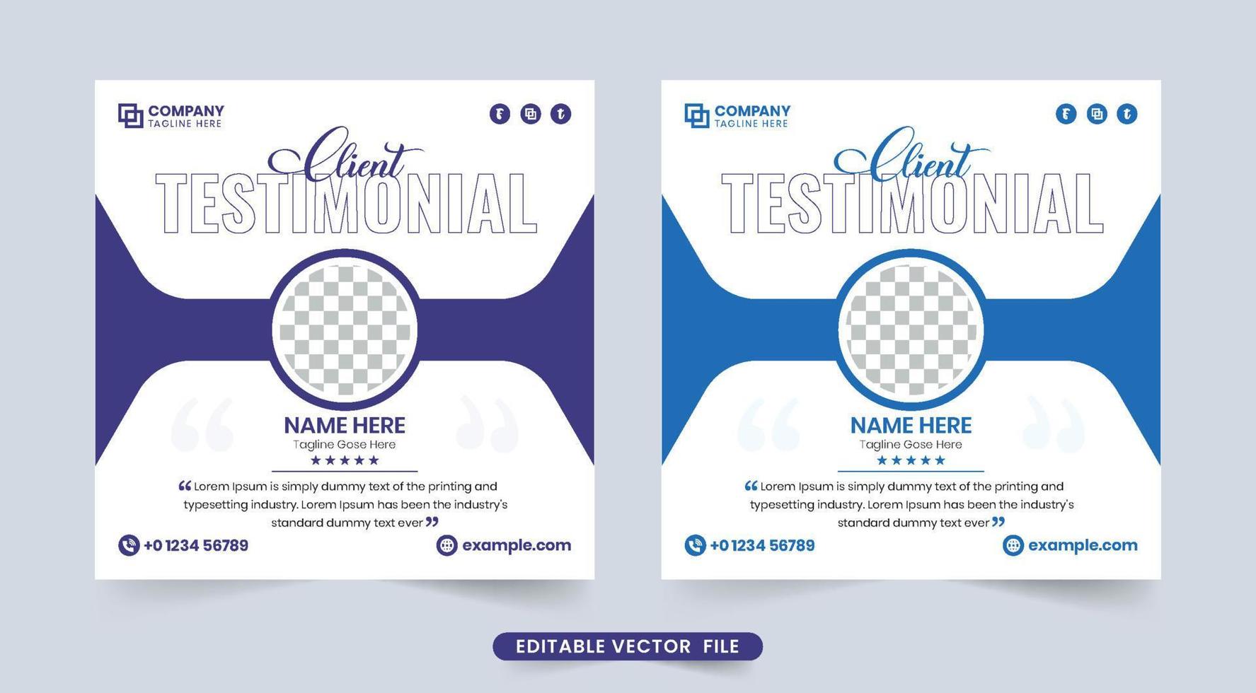 vector de plantilla de testimonio comercial con un marcador de posición de foto y efecto de texto. revisión de servicio al cliente y diseño de sección de calificación de trabajo con colores púrpura y azul. vector de diseño de testimonio de cliente.