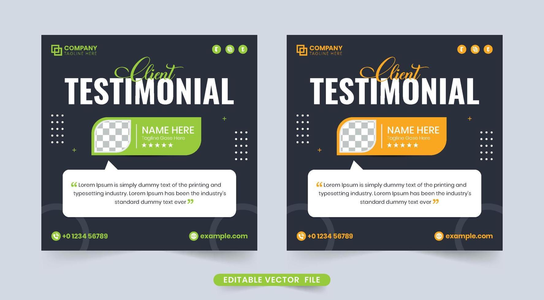 testimonial de cliente creativo y diseño de sección de revisión con fondos oscuros. revisión del servicio al cliente y diseño de la sección de comentarios con colores rojo y naranja. diseño de testimonios de clientes para sitios web. vector