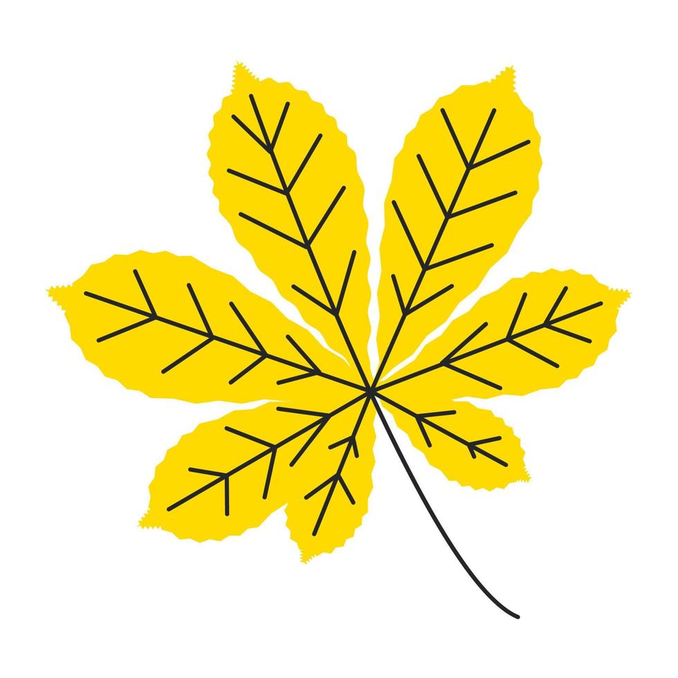 Yellow autumn leaf with veins. Fall horse chestnut foliage season. Decorative botanical item. Simple single chestnut leaf silhouette. Hand drawn flat vector illustration isolated on white background