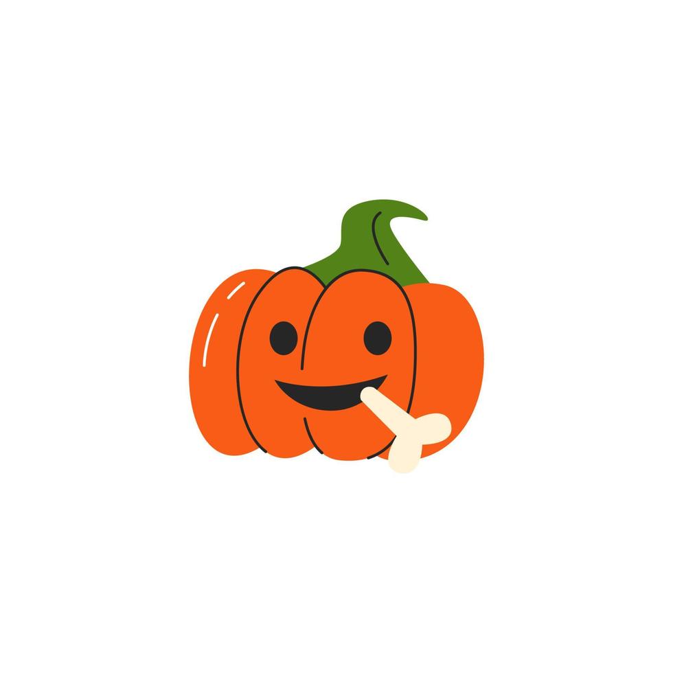 Halloween little pumpkin concept design. Funny Jack lantern with bone isolated on white. Vegetable with carving evil smiling face. Cute traditional scary character. Hand drawn flat vector illustration