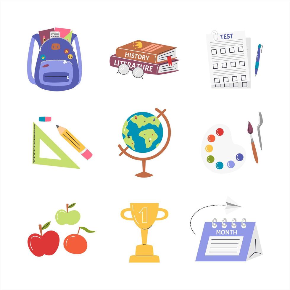 Back to school stationery collection. School related objects isolated on white. Colorful different supplies, study equipment and tools. Education accessories set. Hand drawn flat vector illustration