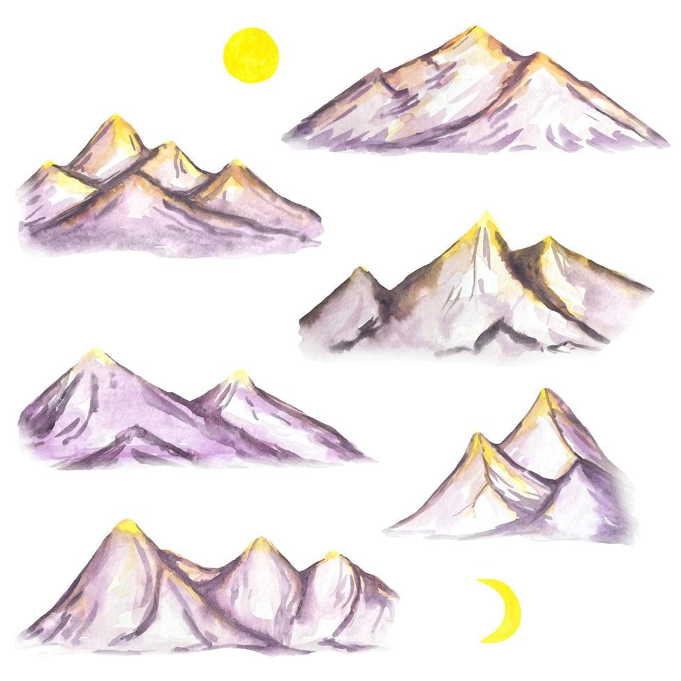 Set of watercolor abstract mountains.  Hand drawn illustration. vector