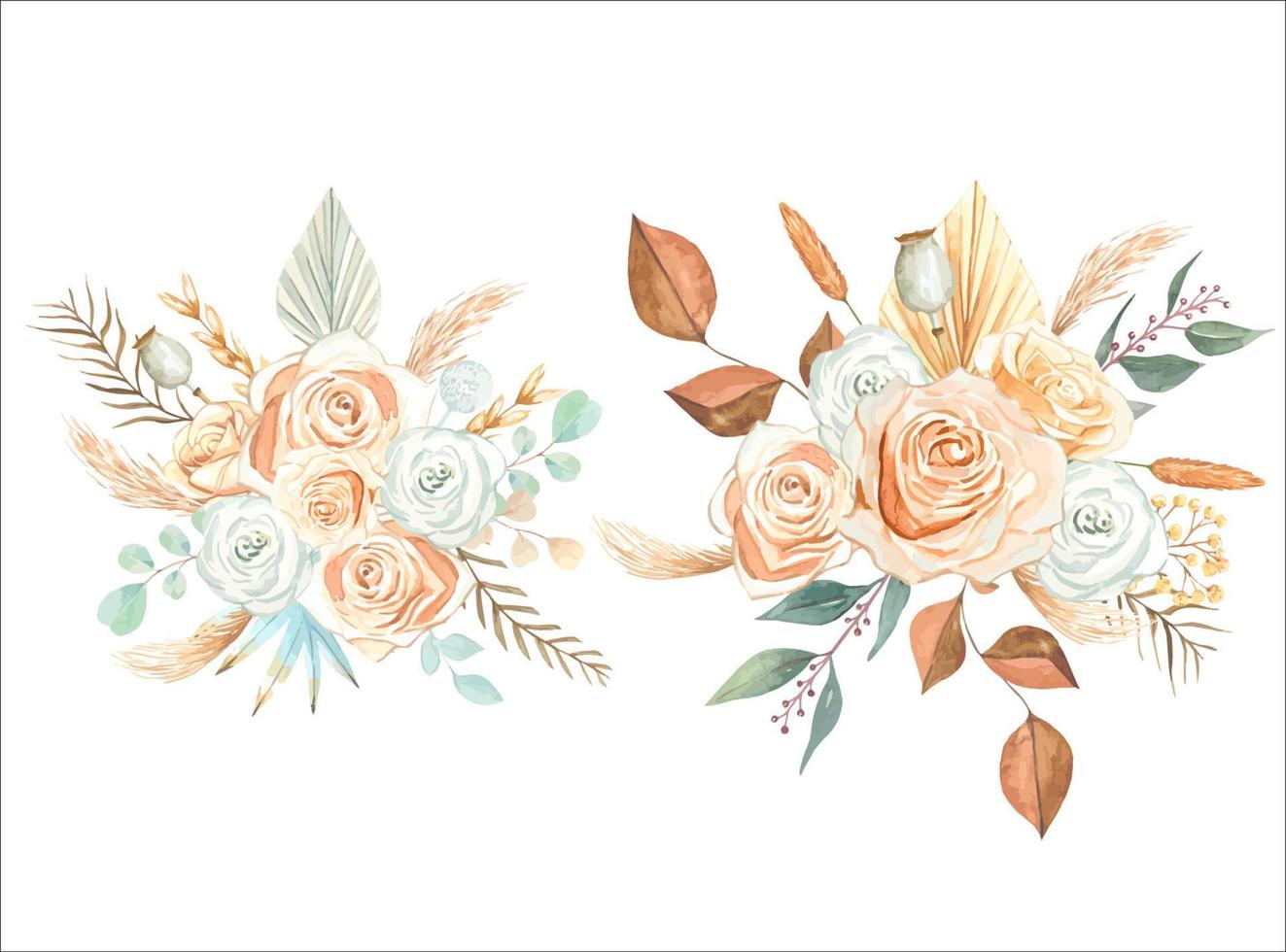 Watercolor bouquets of dried plants and leaves in boho style. vector