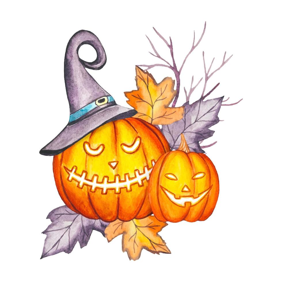 Pumpkin composition. Watercolor Halloween illustration isolated vector