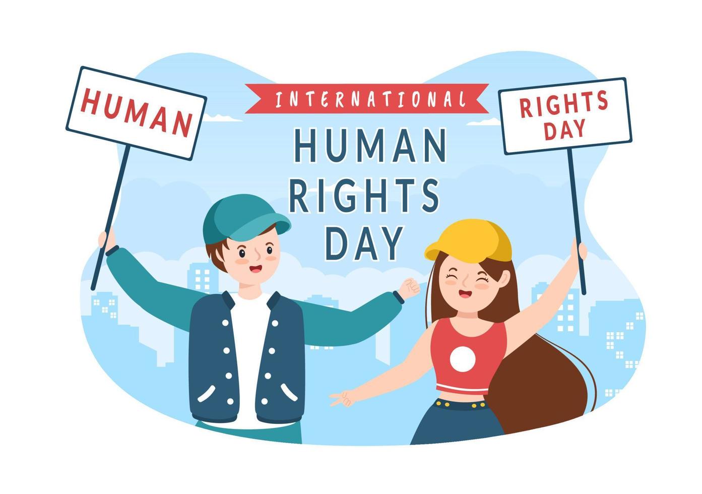 plantilla del día de los derechos humanos dibujada a mano ilustración de dibujos animados planos con las manos levantadas rompiendo cadenas o sosteniendo el diseño de la mano vector